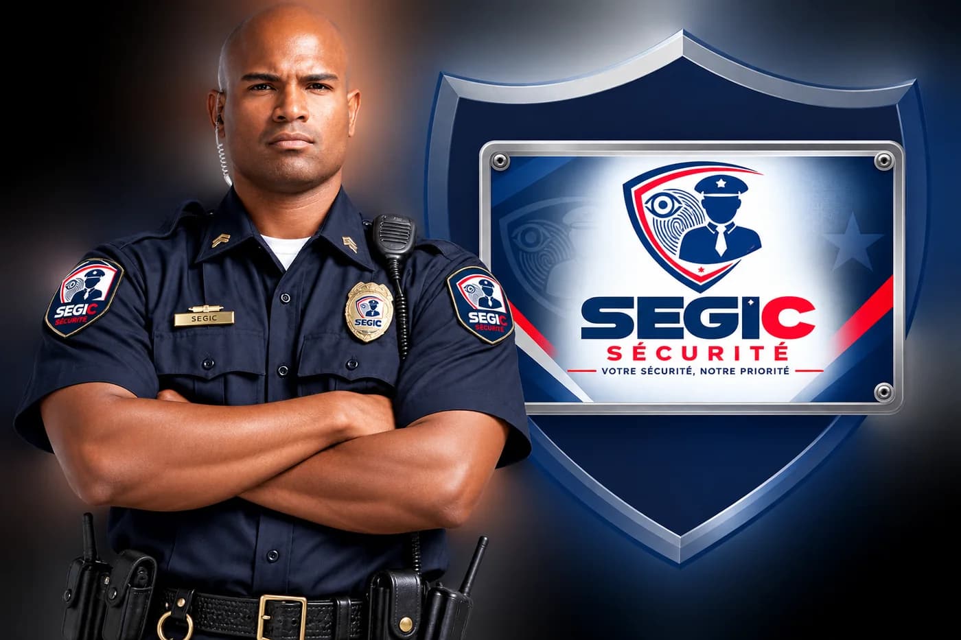 Agent de sécurité SEGIC devant l’écusson de la société