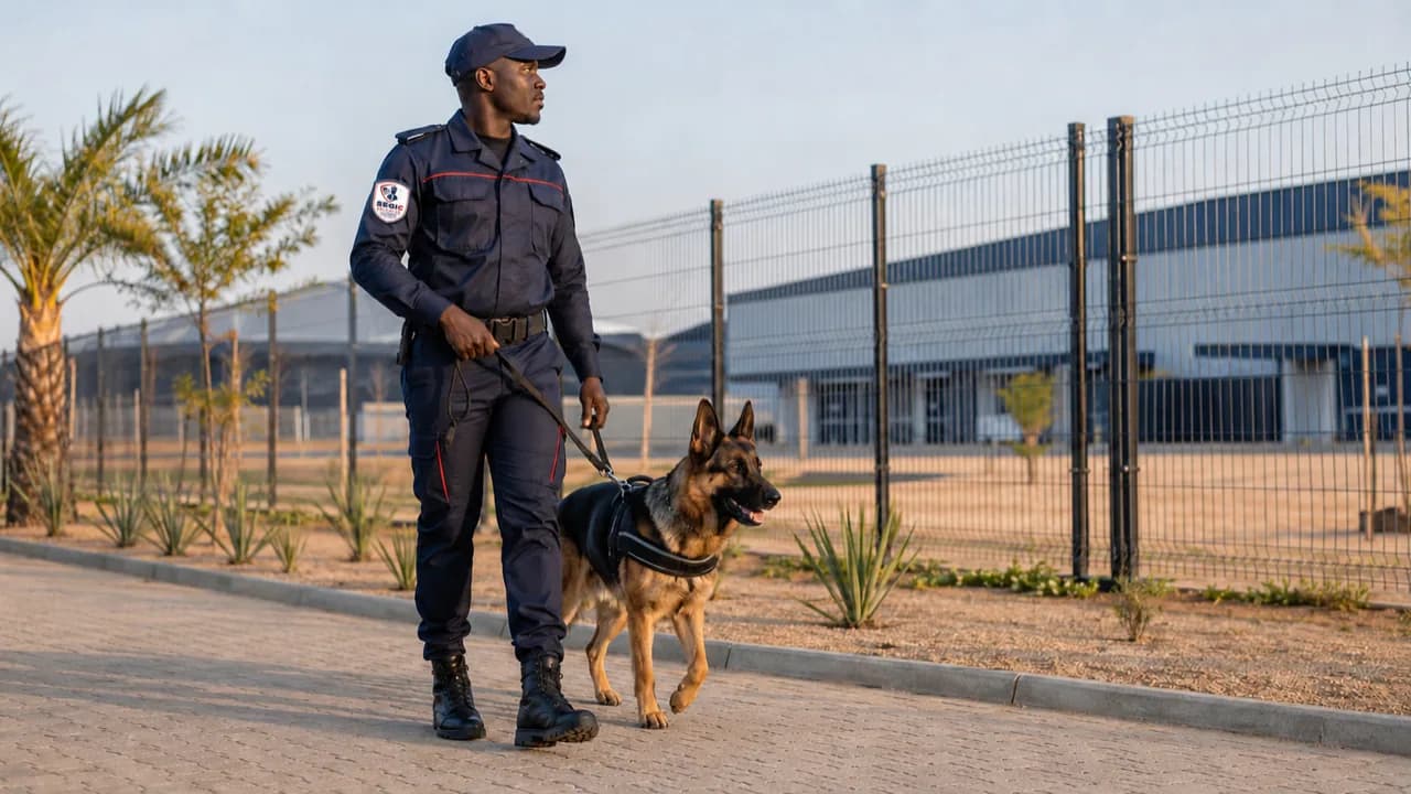 Maître-chien SEGIC en ronde le long d’un site industriel clôturé