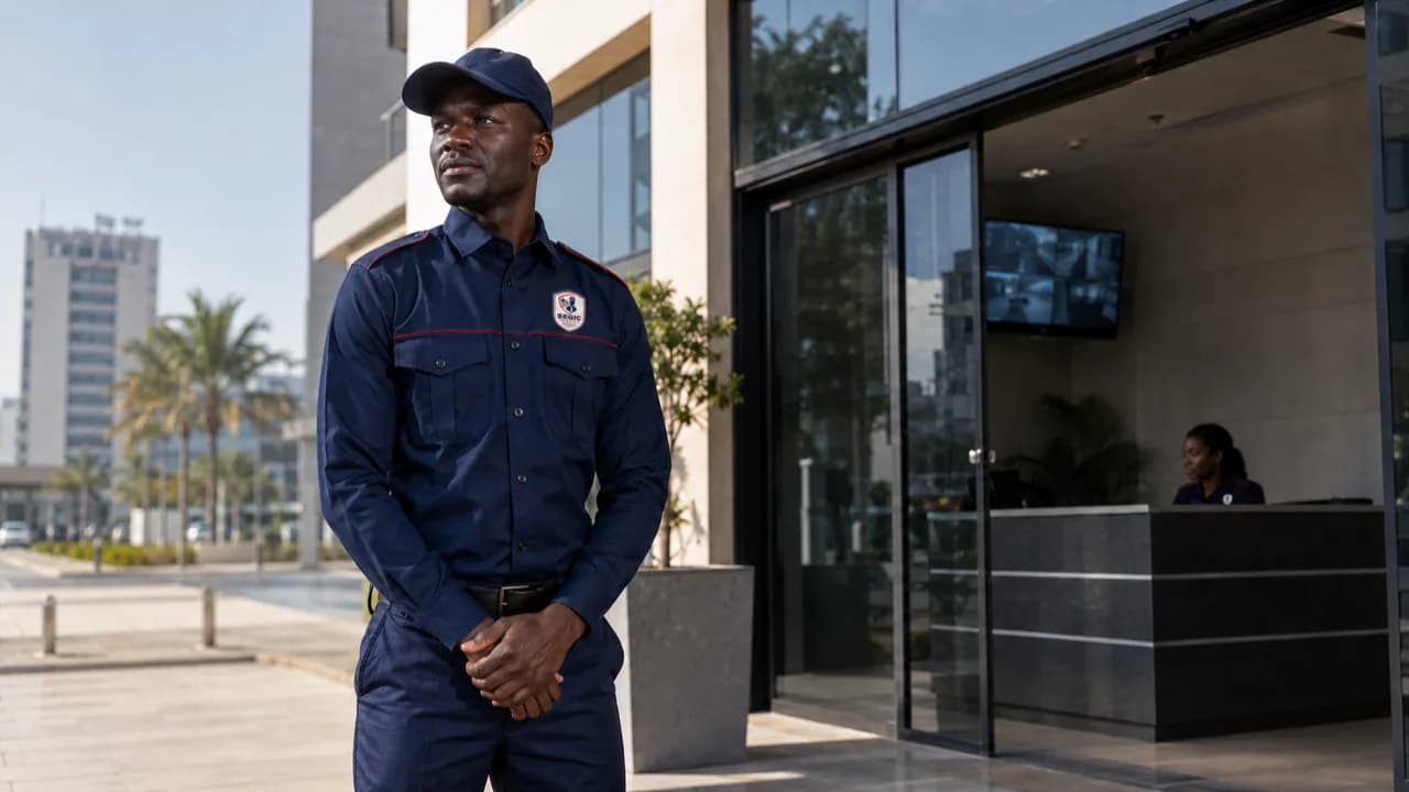 Agent SEGIC en poste devant l’entrée d’un immeuble de bureaux